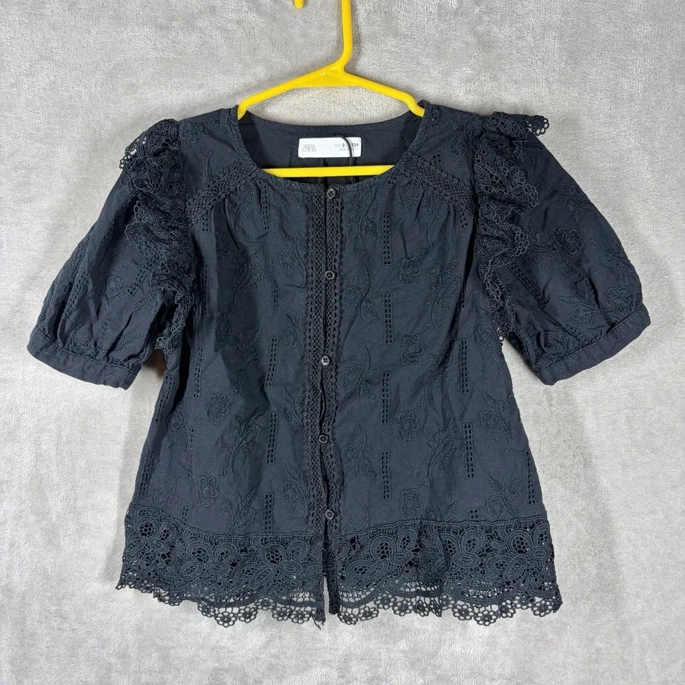 Zara Kids Embroidered Lace Blouse Top Black Size 9 Cottage Peasant Whimsigoth
